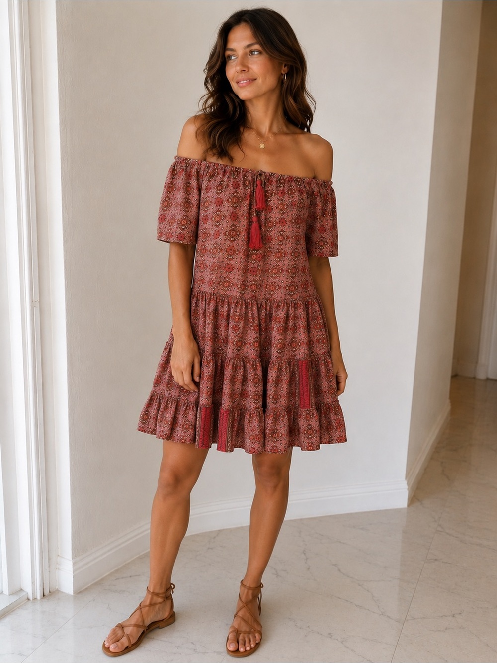 Paani Bohemian Paisley Print Mini Dress Babydoll Tiered Boho Pink Brown S - Picture 1 of 7